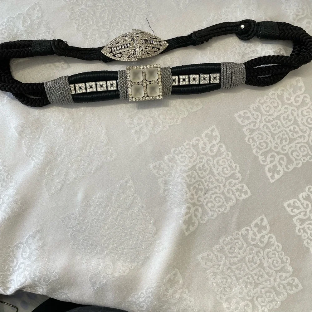 Women’s: Art Deco silver Rhinestone emblished Black Belt . 34 1/4 “